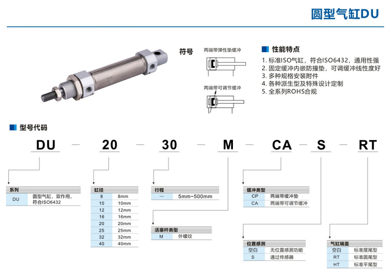 標(biāo)準(zhǔn)緩沖圓型氣缸DU-20-30-M-CA-S-RT(DU)系列(圖2)